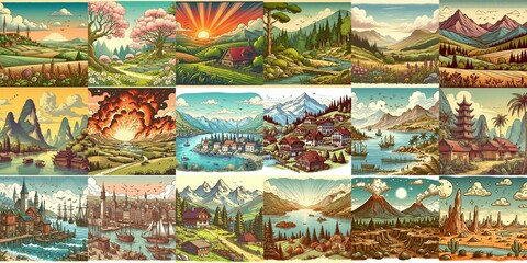 Cartoon landscapes. AI generated illustration