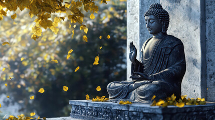 Nirvana Day. Buddha statue surrounded by yellow leaves. Bodhi Day. Horizontal banner. Copy space. Buddhist holy day, Visakha Puja Day