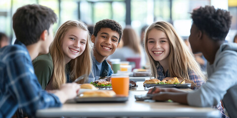 Obraz premium Multiracial group of happy smiling children having lunch together in school canteen.