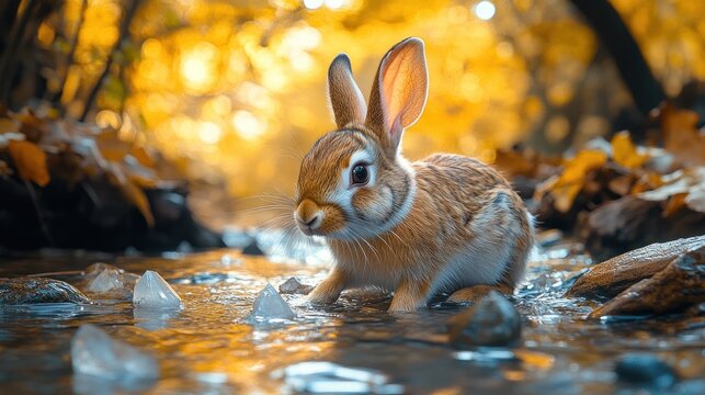 A Little Bunny Standing in a Stream