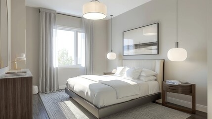 An urban comfort Scandinavian bedroom with a double bed a sleek headboard