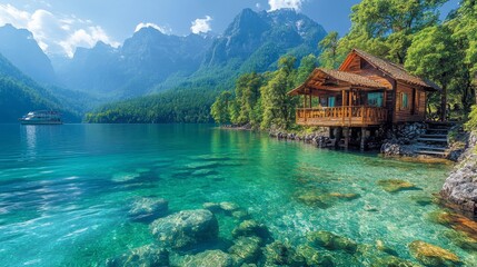 Panoramic photo of a beautiful wooden hut on the edge of a clear, turquoise lake, with an emerald green mountain forest in the background, surrounded by jungle trees and a boat in the distance.