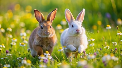 Fototapeta premium Two adorable rabbits, one brown and one white, sprinting side by side in a lush green meadow filled with vibrant wildflowers on a sunny day.