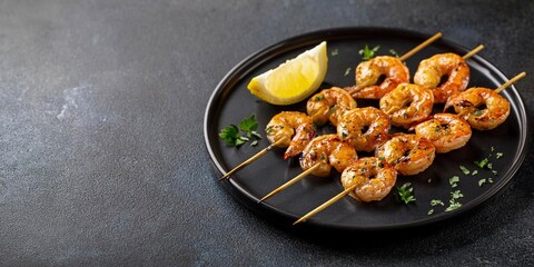 Grilled tiger shrimp skewers with lemon on a black plate. Dark background with space for text.