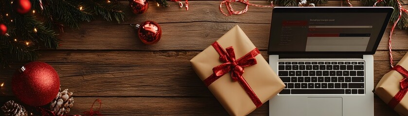 Stylish Gift Wrapping and Holiday Checkout Process on Laptop with Festive