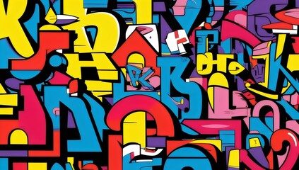 Obraz premium Vibrant Abstract Art with Geometric Shapes in Bold Colors, Complex and Dynamic Composition of Intertwined Forms in Yellow, Red, Blue, Purple, and Black, Visually Engaging and Striking