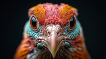 Fototapeta premium Close-up of a game farm bird with detailed feathers, vibrant colors, and distinctive features, captured from an eye-level perspective to highlight its significance in gourmet markets. 