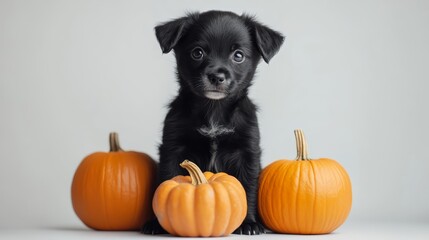 Cute Black Puppy Sitting with Pumpkins for Halloween or Fall Theme