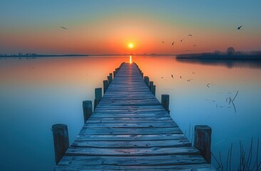 Fototapeta premium Wooden Dock Leading to a Sunset Over a Calm Lake
