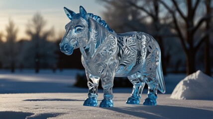 A blue glass horse sculpture stands on a snowy surface in a field.  The sculpture is intricately designed with floral patterns and the sun shines in the background.