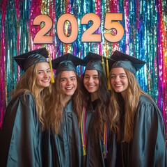 Metallic "2025" with graduates posing by photo booth backdrop under colorful string lights.

