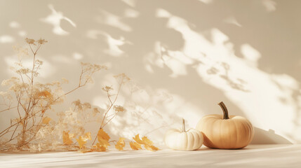 harvest pumpkins gourds and autumn leaves minimalist seasonal background white wall with sunlight shadows space for copy text holiday thanksgiving marketing branding
