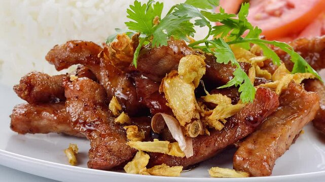 Thai style food, pork fried with crunchy garlic
