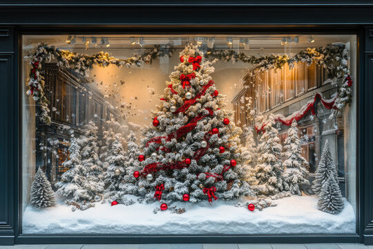 Christmas Window Display with Festive Decorations 