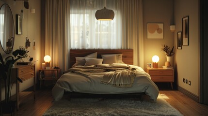 A cozy Scandinavian bedroom with a double bed, a headboard