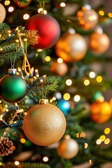 Vintage Christmas Tree with Golden Baubles and White Lights