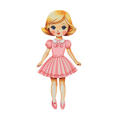 Vintage doll illustration, pink dress, white isolated background. Transparent background