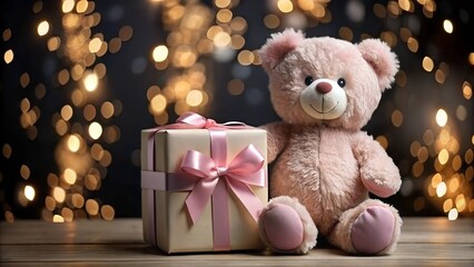 Teddy bear. Winter holiday greeting card or sticker with 3D toy character of pink fluffy bear and gift box present on glitter sparkles, bokeh festive decor. Collection in Christmas and New Year style.