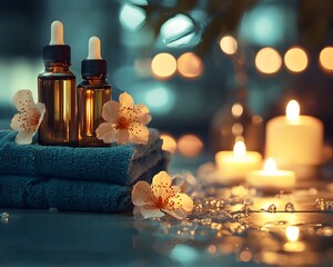 Luxury Spa Setting with Aromatic Oils Soft Lighting and Calming Candles