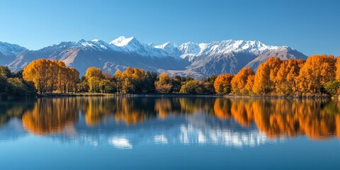 Golden autumn trees along a pristine lake with snowy mountains in the backdrop