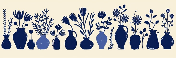A Row of Blue Silhouettes of Flowers and Vases