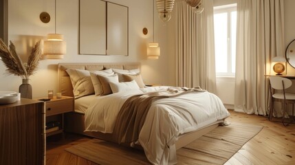 A cozy Scandinavian bedroom with a double bed, headboard