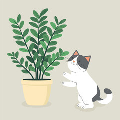 Cute Cartoon Flat Vector Cat Reaching for a Potted Zamioculcas Plant. Vector Illustration for Plant Lovers. Adorable Pet Kitten Home Life Design Template