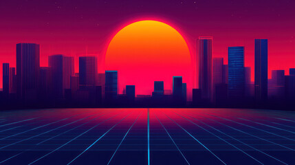 Fototapeta premium A stunning retro futuristic cityscape at sunset neon lights and skyline silhouettes evoking nostalgia and imagination