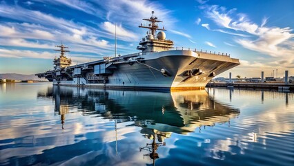Fototapeta premium Massive gray and black camouflage covers the imposing Navy aircraft carrier, docked in tranquil waters, its enormous size and intricate details reflected perfectly.