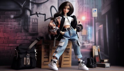 Naklejka premium Fashion doll in urban streetwear. A trendy fashion doll wearing stylish urban streetwear, such as a cropped jacket, ripped jeans, and sneakers.