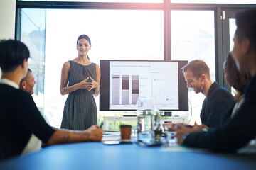 Woman, office and statistics on screen for presentation, report and feedback as finance analyst. Business, clients and people in meeting for financial solution, company growth and results on profit