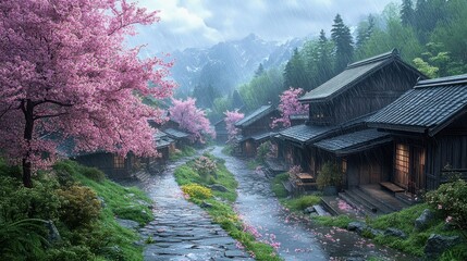 Rustic River Village with Cherry Blossoms in Bloom Under Lightly Cloudy Sky.