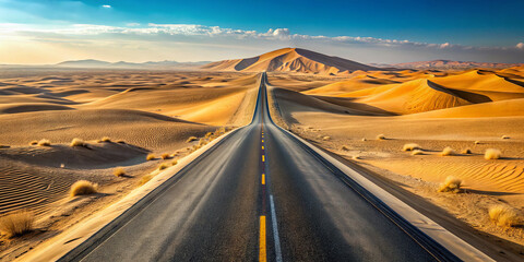 Fototapeta premium A long, straight road traverses a vast desert filled with golden sand dunes, bathed in morning light. The bright sky enhances the serene beauty of the landscape