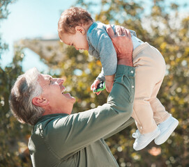 Old man, child and grandfather playing in nature, outdoor and support grandchild in relationship....