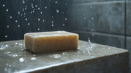 Fototapeta premium Soap Bar Under Falling Water in a Shower Setting