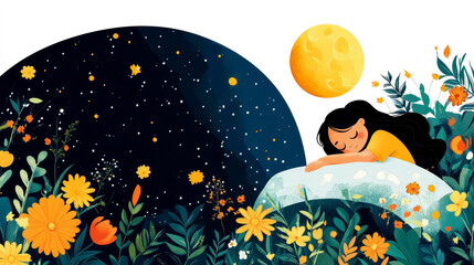 World Sleep Day. Young woman sleeping surrounded by flowers on full moon background. Horizontal banner. Copy space. Flat illustration. Awareness about importance of sleep and insomnia problem