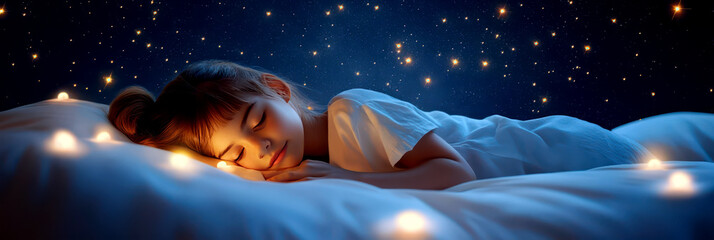 World Sleep Day. Young girl sleeping in bed on starry sky background. Horizontal banner. For flyer, poster, social medial. Rest and relax, daydreaming, healthy sleep