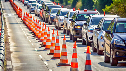 Vehicles are lined up in heavy traffic, surrounded by orange construction cones, indicating roadwork on a clear day in a bustling area