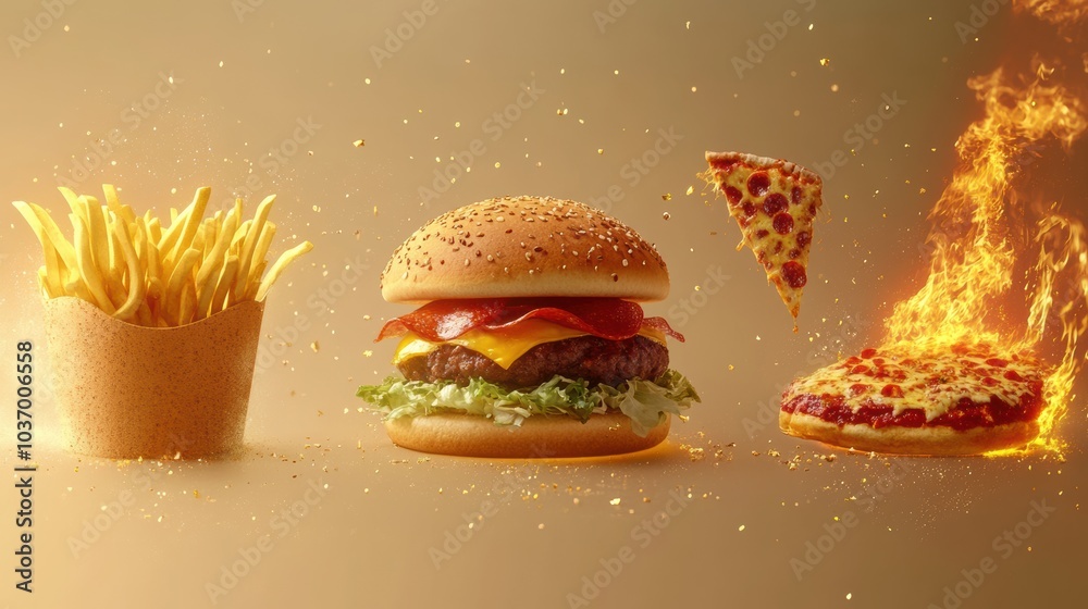 Poster bright and colorful abstractions of popular fast food items like burgers, fries, and pizza create a 