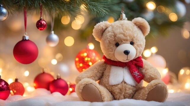 Teddy bear sitting with Christmas ornaments, surrounded by festive bokeh lights for a cozy holiday scene