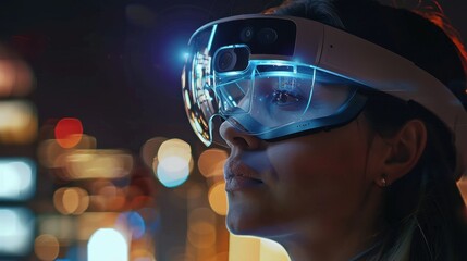 Woman wearing virtual reality goggles against night cityscape background. Mixed media