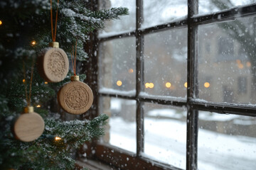 cozy winter holiday window scene with christmas ornaments, a cozy winter scene featuring a decorated christmas tree inside a home, seen through a frosty window with falling snow outside., 