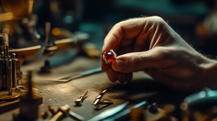 Master Craftsman at Work: Precision and Passion in Jewelry Making with Gemstones and Fine Tools on a Well-Worn Workbench