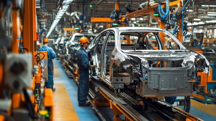 Assembly line workers, factory interior, busy