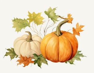 Two Pumpkins with Autumn Leaves