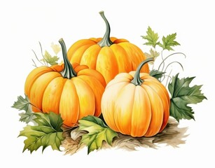 Three Pumpkins With Green Leaves on a White Background