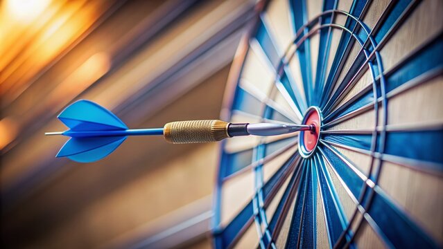 Blurry motion captured blue darts converge at a single point, hitting the bullseye of a round target, surrounded by a clean, neutral-colored background.