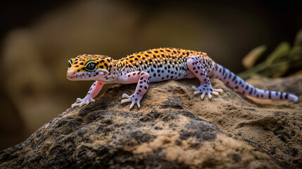 Obraz premium Colorful Leopard Gecko Perched on Rocky Surface Looking Alert