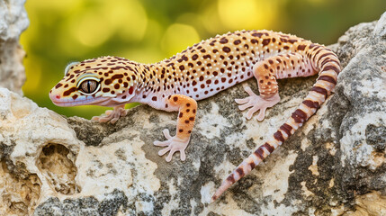 Bright Leopard Gecko Resting on Light Rock with Yellow Background