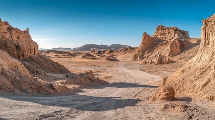 Naklejka premium Stunning Desert Landscapes: A Vast Expanse of Sandy Terrain and Majestic Rock Formations Beneath a Clear Blue Sky, Perfect for Adventure and Exploration
